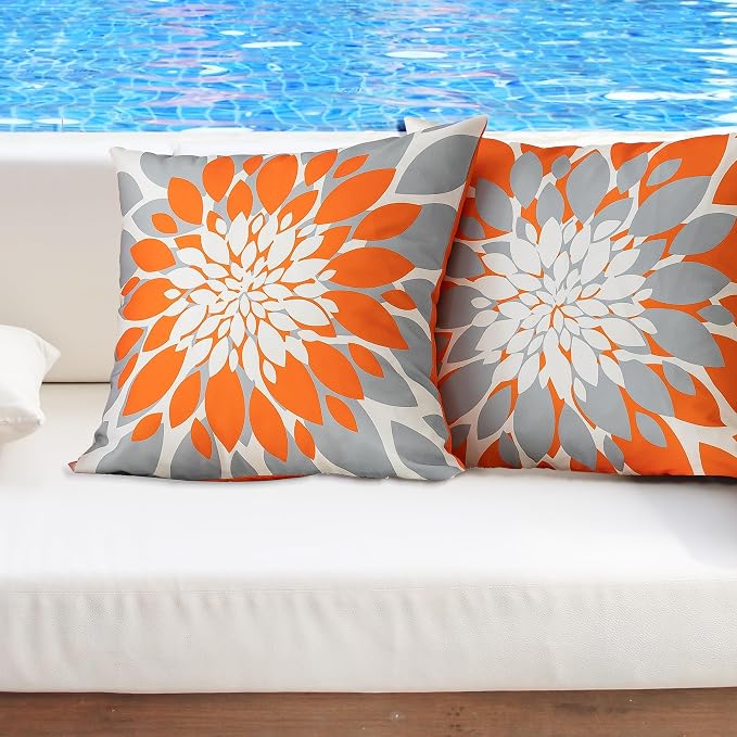 Pack of 4 Fall Outdoor Waterproof Pillow Covers 18x18 Decorative Outdoor Throw Pillows Garden Square Cushion Cases for Patio Furniture, Couch, Tent Sunbrella, Bench, Orange Grey