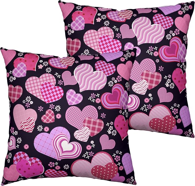 Valentines Pillow Covers 20x20 Pack of 2 Pink Purple Hearts Flowers Throw Pillow Covers Valentines Day Pink and Black Cushion Case Cotton Linen Pillowcase for Couch Sofa Patio