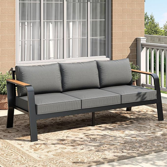 Garvee Outdoor Aluminum Patio Furniture 1 Pcs 3-Seat Outdoor Furniture All-Weather Metal Modern Outside Sofa with Washable Thick Cushion for Garden, Balcony, Deck, Backyard, Dark Grey