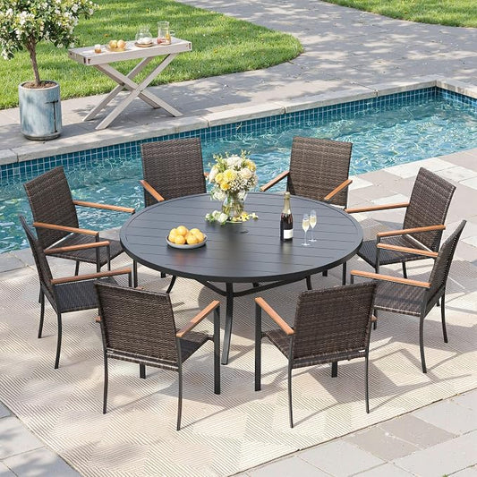 Round Patio Dining Set for 8, 53" Round Metal Table with Umbrella Hole and Stackable Wicker Patio Chairs, Outdoor Furniture Set for Deck Backyard Garden, Walnut Chairs, Black Table