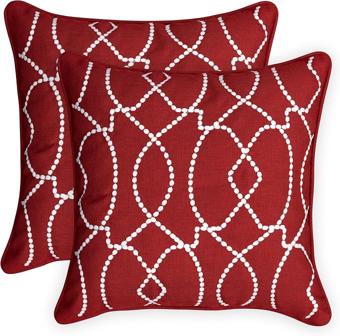 Honeycomb Outdoor Square Toss Pillow Covers, 18 x 18, 2-Pack | Imperial Red Embroidered Slipcovers, Water & Fade Resistant for Patio Furniture Set, Cover Only, No Insert