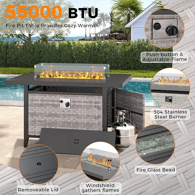 10-Seat Outdoor Wicker Patio Furniture Set with Fire Pit Table, Modular Rattan Sectional Sofa & 2 Swivel Rocking Chairs, 4" Thick Cushions, Rust-Resistant Frame,Blue