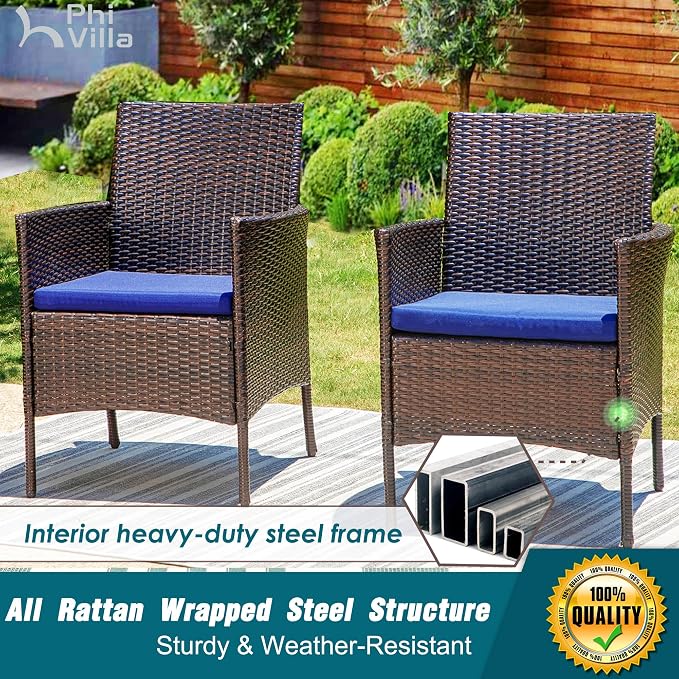 PHI VILLA 7 Piece Patio Dining Set, 64” Wood-Like Table, Rattan Chairs | Outdoor Dining Set for 6, Rectangular Table with Umbrella Hole, Wicker Chairs with Cushions for Patio, Deck, Porch