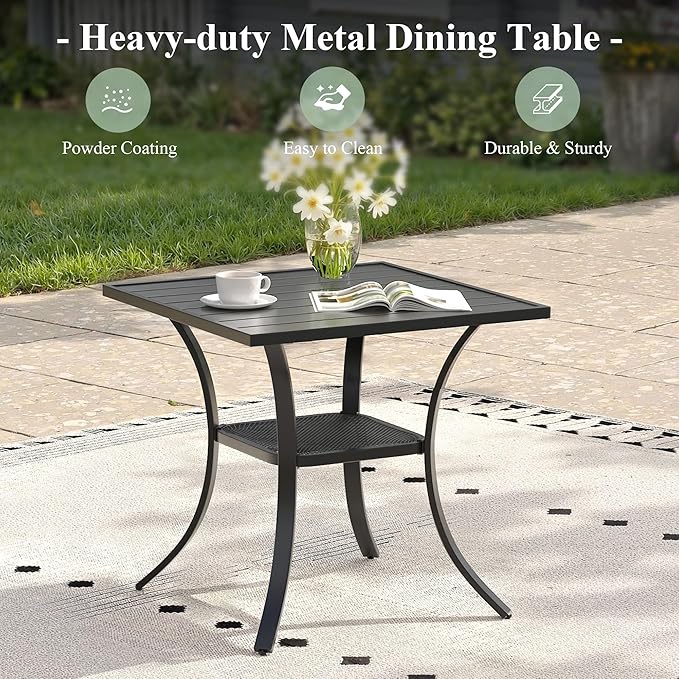 Small Patio Dining Set for 2, 27.5" Square Metal Table and Stackable Wicker Patio Chairs, Outdoor Furniture Set for Porch Garden, Walnut Chairs, Black Table