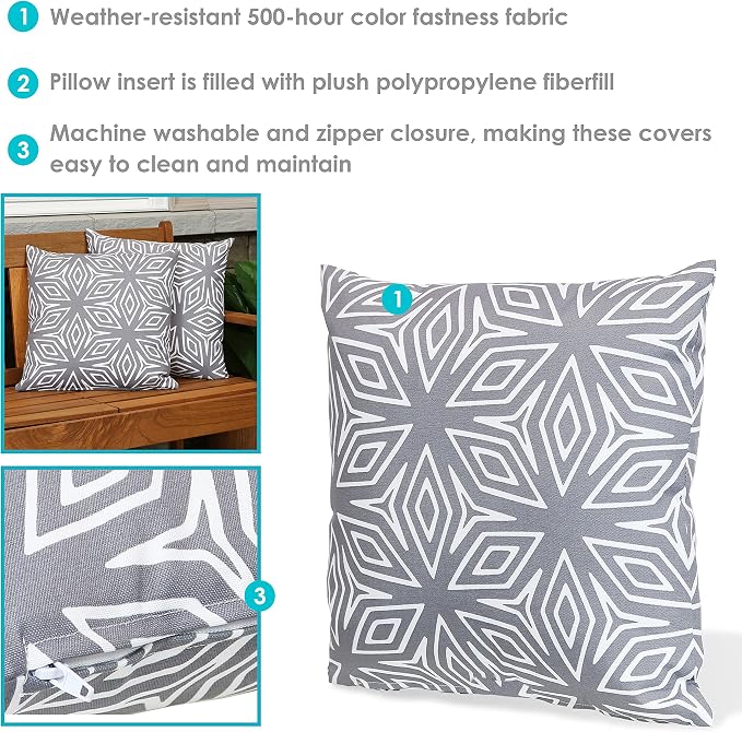 Sunnydaze Indoor and Outdoor Decorative Throw Pillows Set of 2 with Zipper Closures and Inserts - 17-Inch Square Patio Furniture Accents - Weather-Resistant Polyester - Gray Geometric