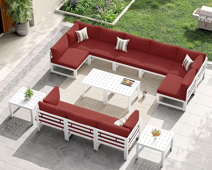 NICESOUL 14 Piece Luxury Aluminum Outdoor Sectional Sofa with End Table, L Shaped Oversized Modular Patio Furniture Set, 29" Deep Wide Seating, 500 lbs Heavy Duty Conversation Set for Backyard, Red