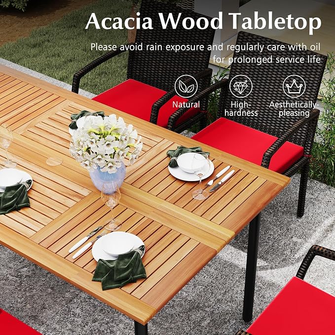 HAPPYGRILL 7-Piece Patio Dining Set Outdoor Rattan Wicker Furniture Set with Umbrella Hole, Steel Frame, Acacia Wood Tabletop & Removable Cushions, for Backyard, Porch, Garden