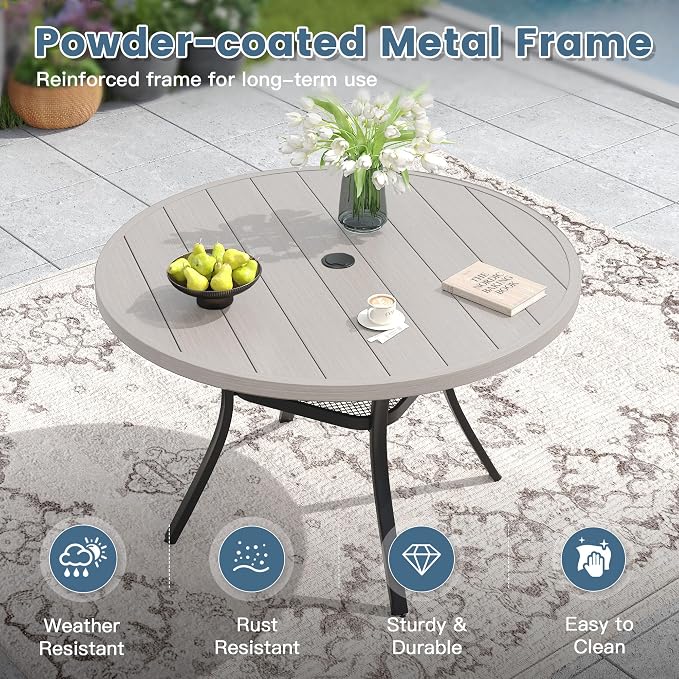 DIFY 5 Piece Outdoor Dining Set, 40" Grey Wood-Like Round Metal Patio Table and Grey Textilene Stackable Chairs for 4, All Weather Patio Furniture Set with Umbrella Hole for Backyard Garden Deck