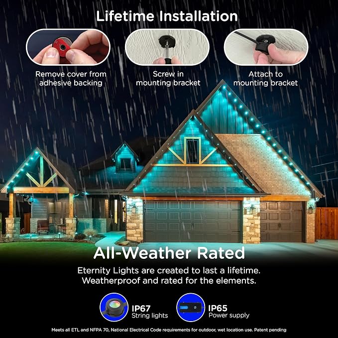 Enbrighten Eternity Permanent Outdoor Lights, 100ft, 72 Lights, Smart | Black Cord, RGBWIC LEDs, Weatherproof, Cuttable, Link to 200ft, Christmas, App Control, Works with Alexa & Google Home