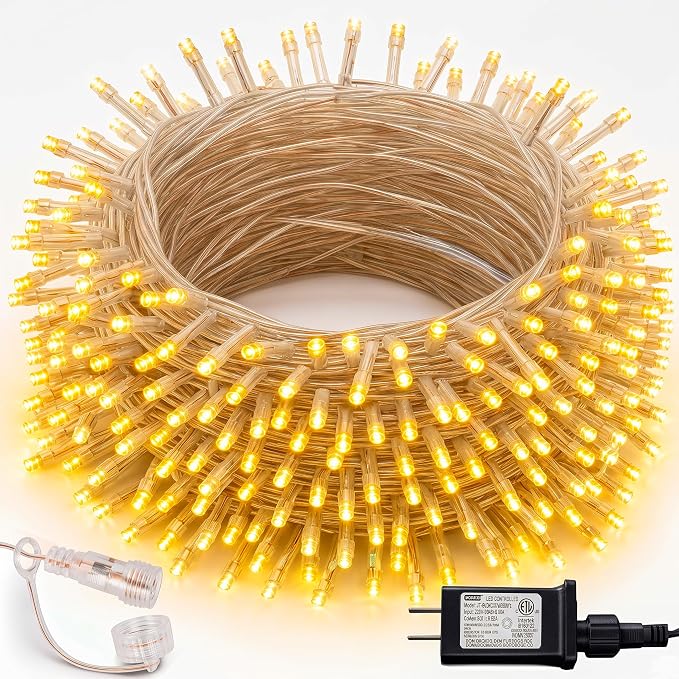 Dazzle Bright Christmas String Lights, 100 FT 300 LED Connectable Waterproof String Lights Clear Wire with 8 Modes Timer, Christmas Decorations for Indoor Outdoor Xmas Party Yard Garden (Warm White)
