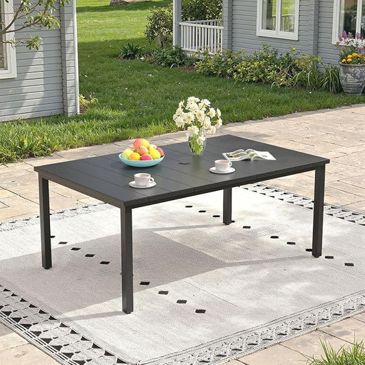 Outdoor Dining Table for 6, 63" Rectangle Outdoor Table with Adjustable Umbrella Hole, All-Weather Metal Patio Dining Table for Lawn Garden Backyard Deck, Black