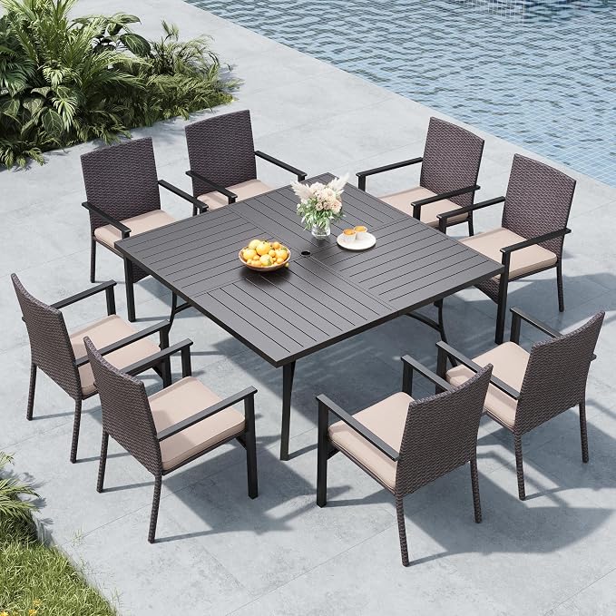 MFSTUDIO 9 Piece Outdoor Dining Set for 8, Square Metal Dining Table & Cushioned Rattan Chairs, Patio Metal Dining Furiture Set for Patio, Deck, Yard