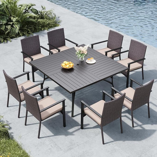 MFSTUDIO 9 Piece Outdoor Dining Set for 8, Square Metal Dining Table & Cushioned Rattan Chairs, Patio Metal Dining Furiture Set for Patio, Deck, Yard