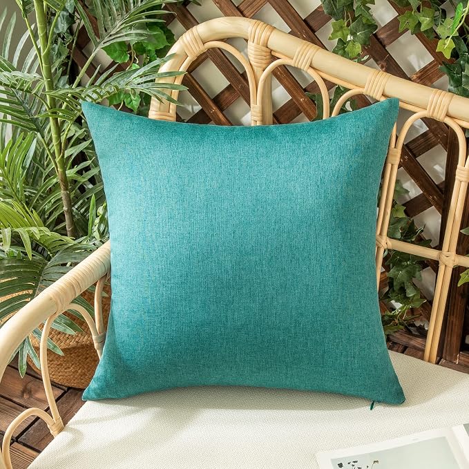 Outdoor Waterproof Throw Pillow Covers Turquoise 18x18 Set of 2 | Decorative Farmhouse Linen Pillowcases Solid Cushion Cases for Patio Tent Balcony Couch Sofa Living Room