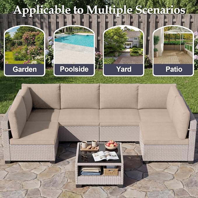 Patio Furniture Set, 9-Piece Outdoor Sectional Sofa with Ottomans & 2-Layer Glass Coffee Table, Wicker Patio Conversation Set with Khaki Cushions for Poolside