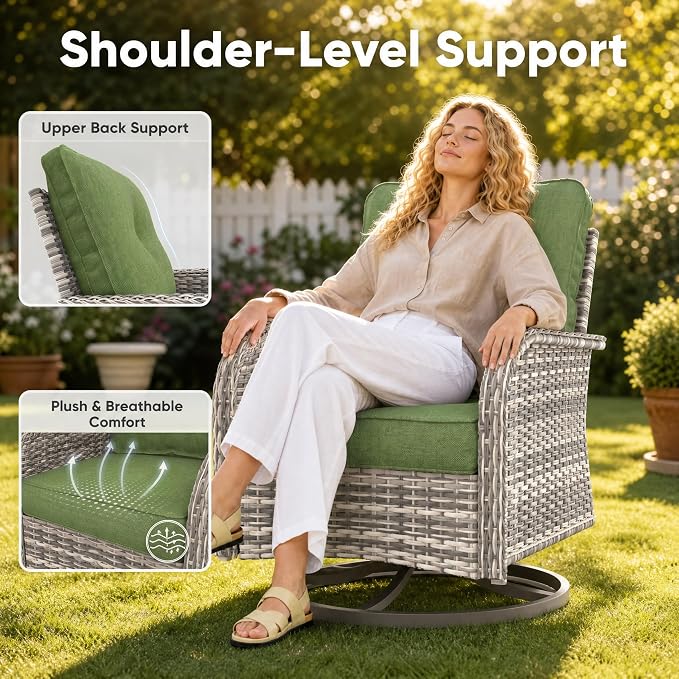 11-Piece Small Patio Furniture Set, Outdoor Swivel Rocking Chairs Set with Ottomans, Patio Bistro Set for Balcony, Deck, Porch, Grass Green