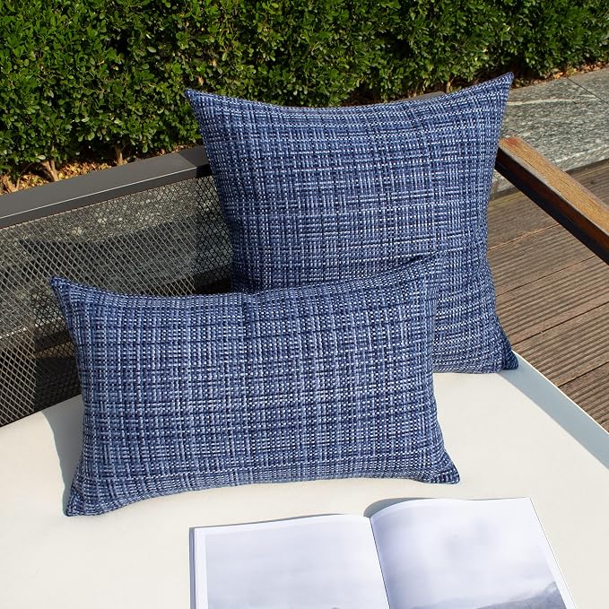 Kevin Textile Outdoor Waterproof 14"x24" Pillow Covers 2 Pack, Navy Blue | Water Resistant, Faux Linen Yarn-dyed, Woven Texture Throw Pillow Covers for Tent Patio Garden Couch Sofa