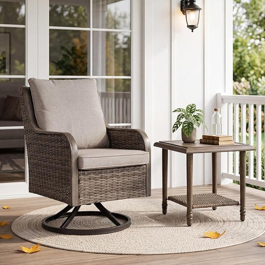 2 Pieces Patio Furniture Sets-Swivel Patio Chairs with High Back Cushions and Wicker Outdoor Side Table,All Weather Patio Conversation Set for Garden Backyard Porch Deck