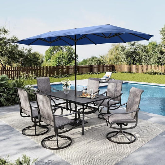MFSTUDIO Patio Dining Set for 6, Patio Furniture Set with Blue Umbrella (Base not Included), Outdoor Table and Swivel Chairs Set for Deck, Backyard, Lawn & Garden