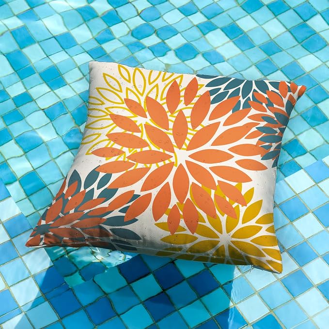 DFXSZ Outdoor Waterproof Pillow Covers 20x20 Set of 2 Orange Yellow Flower | Spring Summer Waterproof Flower Throw Pillowcases（No Inserts）Outdoor Decor for Fall Patio Funiture Garden Polyester Covers