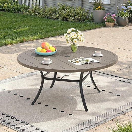 Outdoor Dining Table for 8, 53" Round Outdoor Table with Adjustable Umbrella Hole, All-Weather Metal Patio Dining Table for Lawn Garden Backyard Deck, Grey