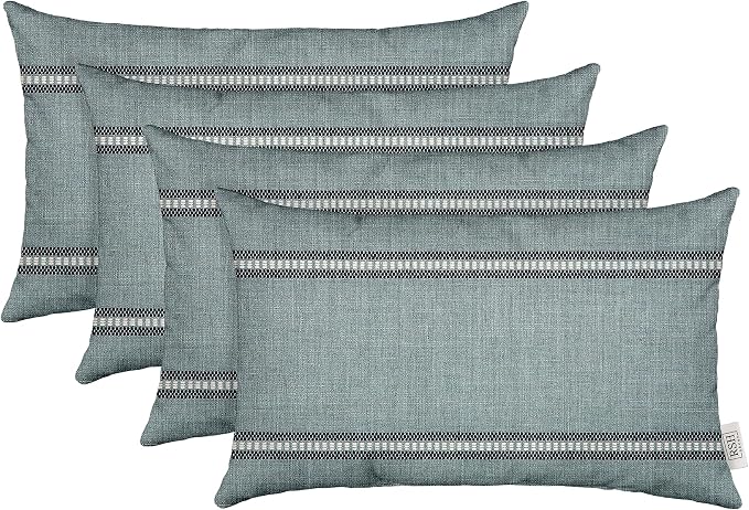 RSH DECOR: Sunbrella Lumbar Throw Pillows Set of 4 | 20" x 12" | Water and Fade-Resistant Performance Fabric | Outdoor Pillow Covers with Down-Alternative Inserts | Made in USA (Stitches Mist)