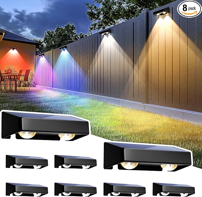 SOLPEX Solar Fence Lights Outdoor, Color Changing,Waterproof IP65, 8 Pack | LED Deck Lighting for Halloween Backyard Wall Step Patio Railing Pool Porch