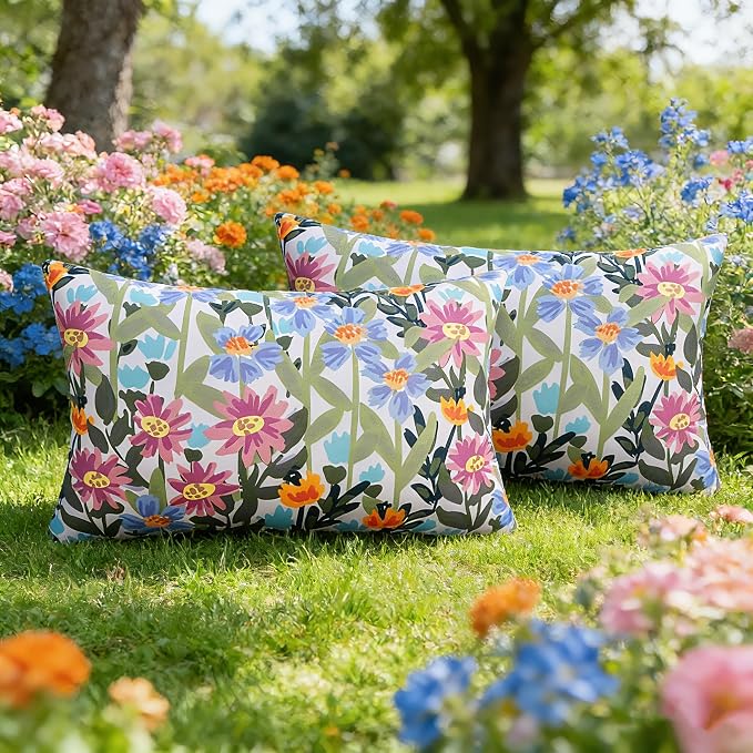 Pyonic Floral Outdoor Lumbar Pillows Covers 12x20 inch Waterproof Spring Summer Decor Outdoor Pillows for Patio Furnture Garden Bench Porch