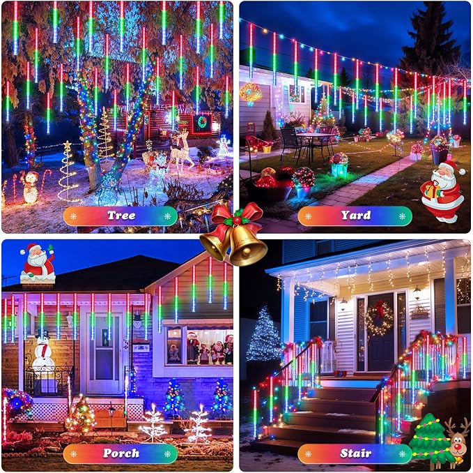 JMEXSUSS Multicolor Solar Meteor Shower Rain Lights, 8 Tube 144 LEDs | Solar Christmas Lights, Led Falling Rain Christmas Light for Xmas Tree Wedding Holiday Party Patio Decoration