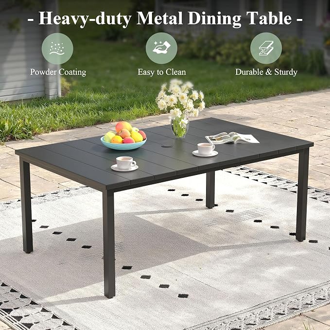 7 Pieces Patio Dining Set with Patio Umbrella, Outdoor Furniture of 63" Rectangular Patio Table and Patio Swivel Chairs for Backyard Lawn Garden, Black Table and Mixed Brown Chairs