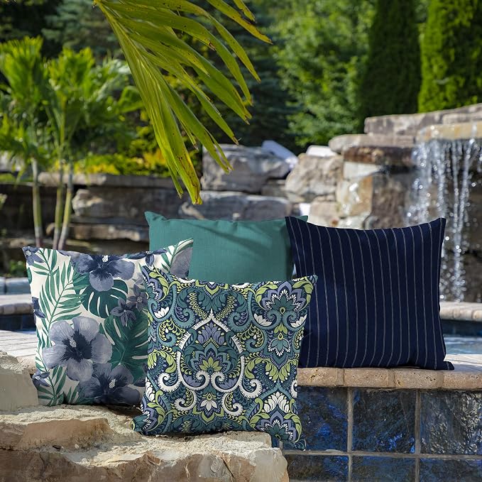 Arden Outdoor Toss Pillow, 2-Pack, 16x16, Blue Damask | Indoor/Outdoor Décor, Rain-Proof, Fade Resistant, Mold and Mildew Resistant