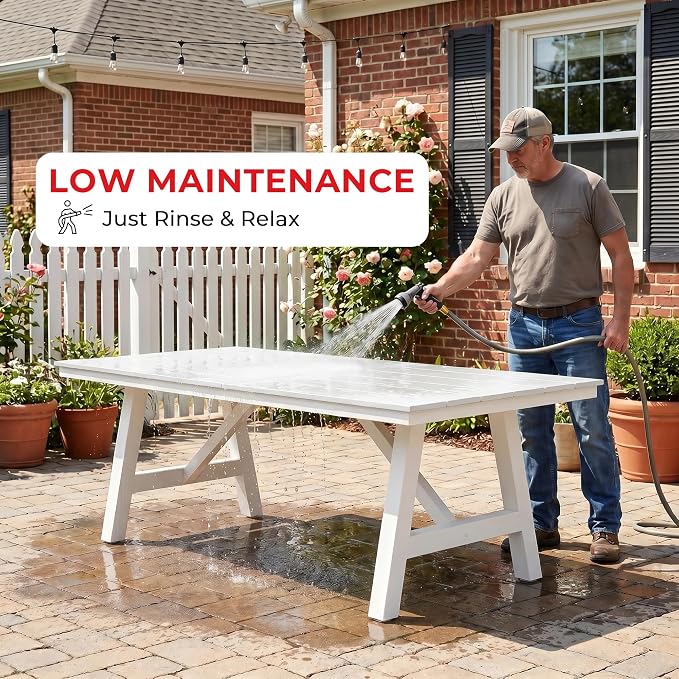 Costaelm Rectangle Patio Table, 8-Person Backyard Table 90" HDPE Dining Table with Umbrella Hole and Metal Frame for Outside, Garden, Poolside, Deck, Porch, Balcony, White