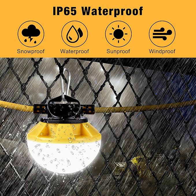 3-Prong 100FT Construction String Lights, IP65 Waterproof ETL Certified String Work Lights, 5000K Daylight 18AWG Wire Linkable Temporary Construction Lighting for Jobsite with 10 Bulbs & Hooks