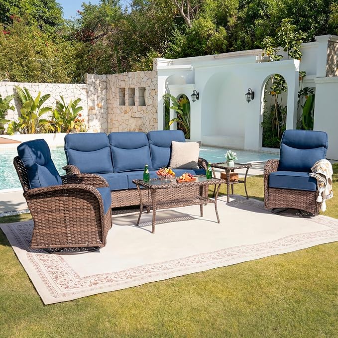 Belord Upgraded 6“ Cushion Luxury 5 Piece Patio Furniture Set - High Back Outdoor Furniture Set with Swivel Rocker Patio Chairs, All-Weather Wicker Conversation Set for Deck Porch Yard - Brown/Blue