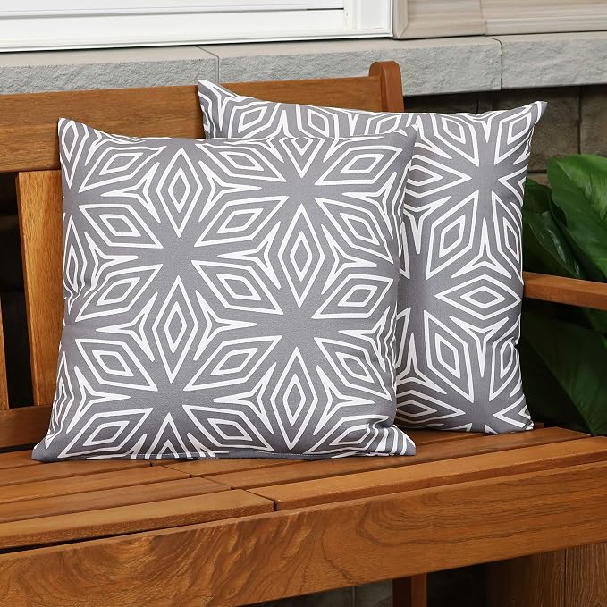 Sunnydaze Indoor and Outdoor Decorative Throw Pillows Set of 2 with Zipper Closures and Inserts - 17-Inch Square Patio Furniture Accents - Weather-Resistant Polyester - Gray Geometric