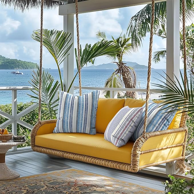 Outdoor Pillows for Patio Furniture 16x16 inch, Square Outdoor Throw Pillows with Inserts, Decorative Patio Pillows for Garden Couch Home Sofa Office Chair, Pack of 2, Stripe Layered Blue