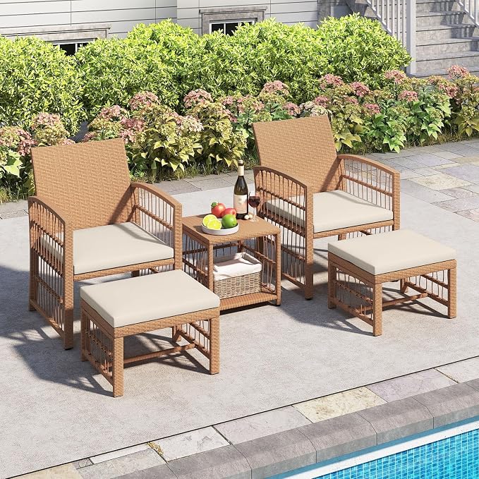 HAPPYGRILL 5 Pieces Patio Conversation Set PE Rattan Balcony Furniture Set with 2 Armchairs, 2 Ottomans & 2-Tier Side Table, Outdoor Wicker Chair Set with Cushions