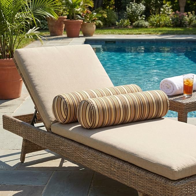 RSH DECOR: Sunbrella Neck Roll Pillows Set of 2 | 24” x 8” | Outdoor Bolster for Patio, Deck, Porch, or Poolside Chairs | Fade & Water-Resistant | Made in USA (Anthony Praline)