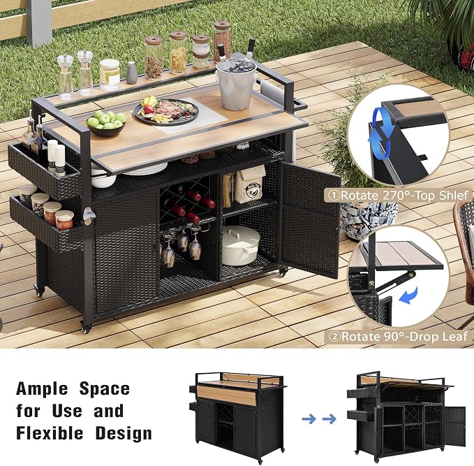 52.8" W Wicker Outdoor Bar Cart Table with Extended Plastic Wood Table Top, Outdoor Grill Cart with Large Storage Cabinet, for Patio Backyard Garden Poolside, Double Handle Design, Black