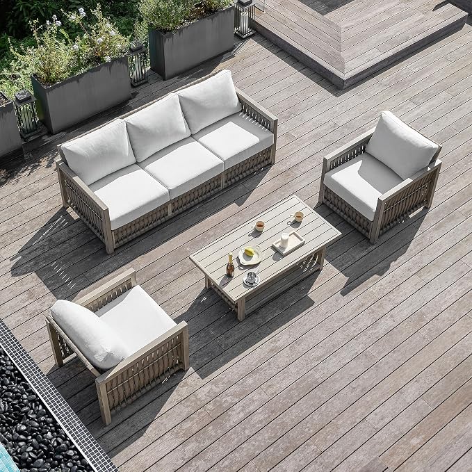 4 Pieces Patio Furniture Set, Outdoor Conversation Set with Coffee Table, 3-Seat Sofa & Swivel Chair, Rope Weave & Aluminum Frame, Contemporary Sofa with Cushion for Porch Yard Deck, Gray Oak