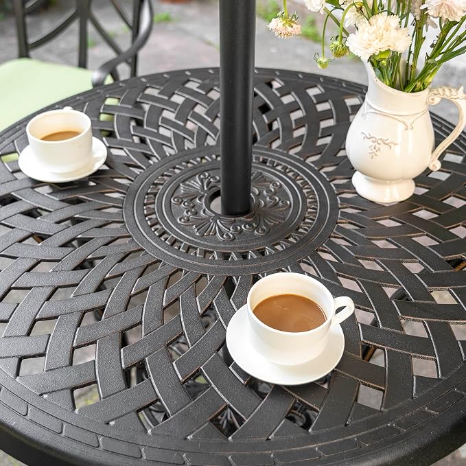 NUU GARDEN 31 Inch Cast Aluminum Patio Bistro Table, Black | Features an umbrella hole, decorative tabletop pattern and durable cast aluminum construction for outdoor use