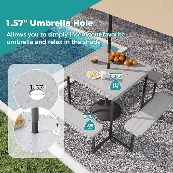 Byroce Outdoor Picnic Table for 4-8 Person, HDPE Picnic Camping Table Set with 4 Benches, Umbrella Hole & Metal Frame, Heavy Duty Square Dining Table Chairs for BBQ in Patio, Yard & Poolside (Gray)