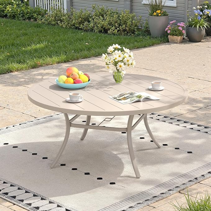 Outdoor Dining Table for 8, 53" Round Outdoor Table with Adjustable Umbrella Hole, All-Weather Metal Patio Dining Table for Lawn Garden Backyard Deck, Sandshell