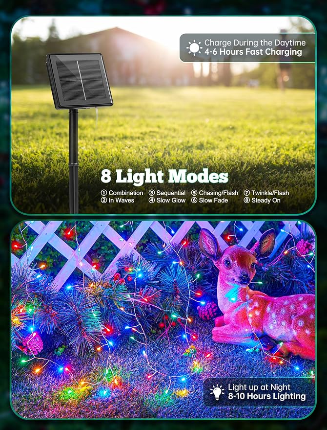 120 LED Solar Fairy Lights Outdoor Waterproof IP65, 10FT 8 Lighting Modes | Solar Christmas Lights Outdoor Waterproof Cascading Twinkle Lights Balcony Garland Patio Christmas Decorations, Multicolor