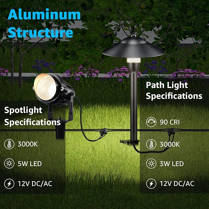 SUNVIE LED Low Voltage Landscape Lighting 12-24V Landscape Lighting Kit with Connectors Aluminum Pathway Lights Wired with Spotlights 3000K Outdoor Pathway Lights Low Voltage for Yard Garden, 6 Pack