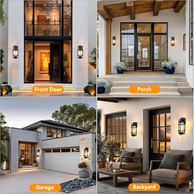 15" Outdoor Porch Light Fixtures Wall Mount, Modern Lantern Lamp,Black | Water Ripple Glass, Rustproof Metal Frame, Waterproof,E26 Base, T30 Bulbs Included, Wall Lantern for Porch, Garage