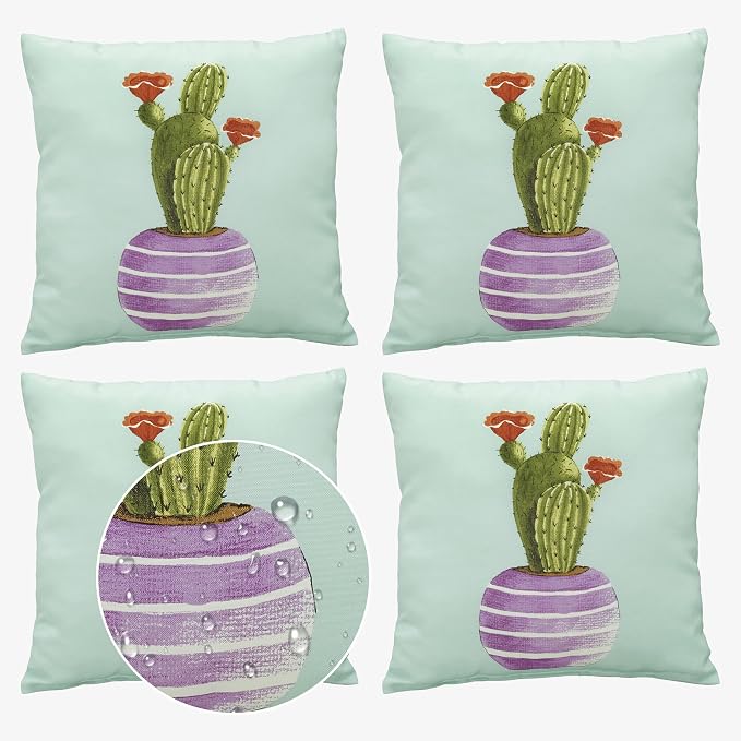 Volans 18" x 18" Outdoor Throw Pillows with Inserts, Water Resistant Decorative Lumbar Pillows for Backyard, Bed, Couch, and Patio Furniture, 4 Pcs, Cactus