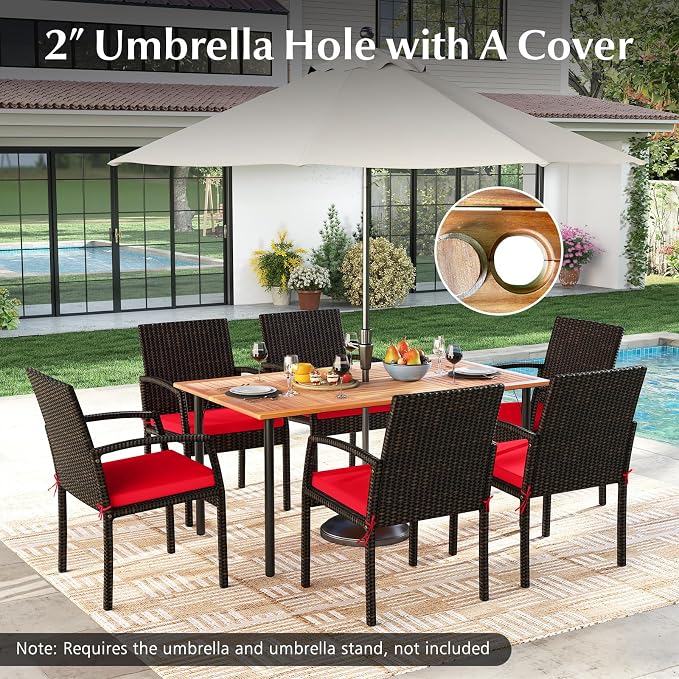 HAPPYGRILL 7-Piece Patio Dining Set Outdoor Rattan Wicker Furniture Set with Umbrella Hole, Steel Frame, Acacia Wood Tabletop & Removable Cushions, for Backyard, Porch, Garden