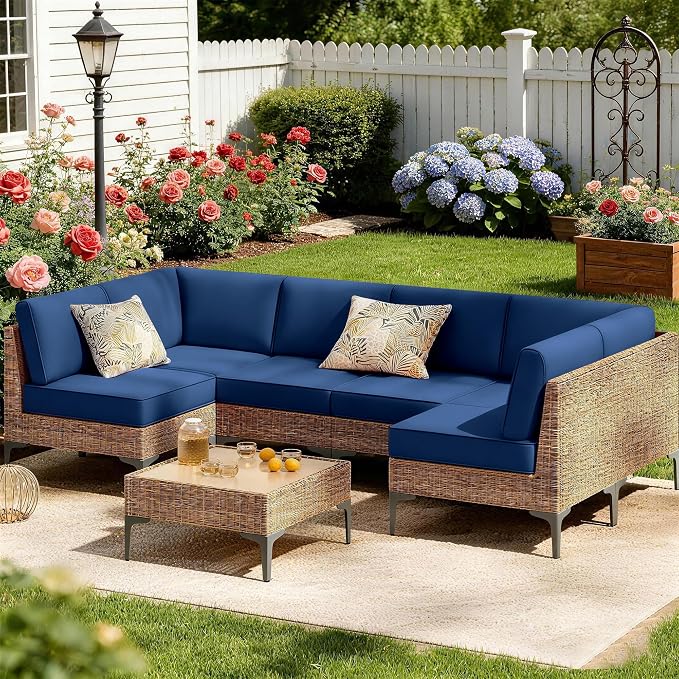 14pc Waterproof Outdoor Couch Cushions for 6 Seat Patio Dark Blue | Water-resistant, UV-resistant,14pc High-Density Foam Replacement Cushions for 6-Seat Outdoor Sectional Furniture