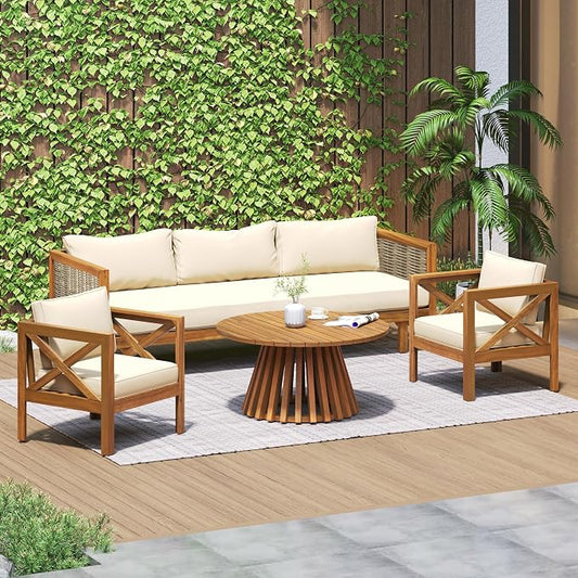 Merax Outdoor 4-Piece Acacia Wood Conversation Set - Patio 3-Seat Loveseat Sofa Daybed with Cushion, 2 Armchair and Round Coffee Table for Backyard, Lawn, Balcony, Beige + Teak